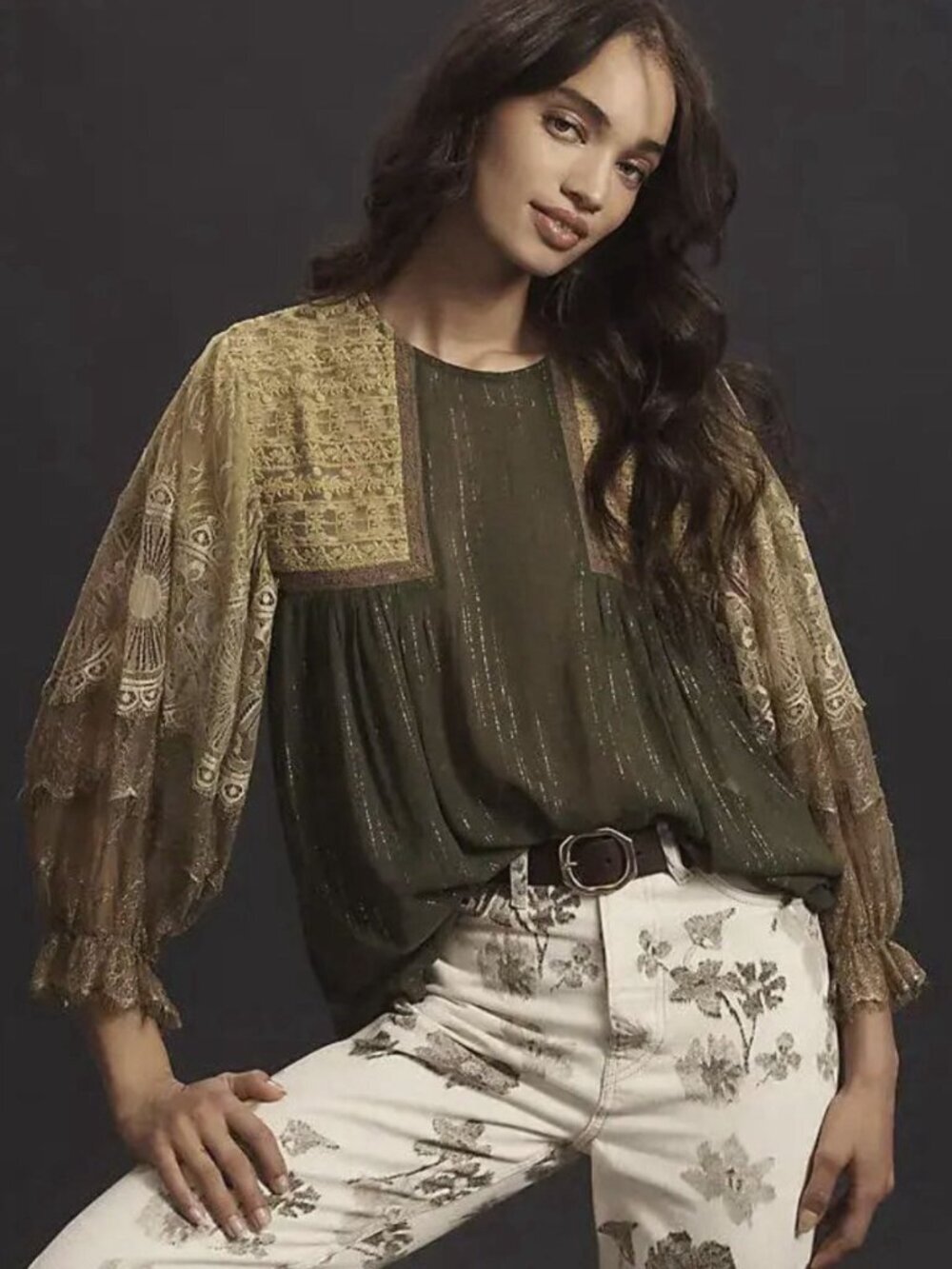 Anthropologie Women’s Bl-nk Charisha Green Lace Sleeve Top Size Small NWT